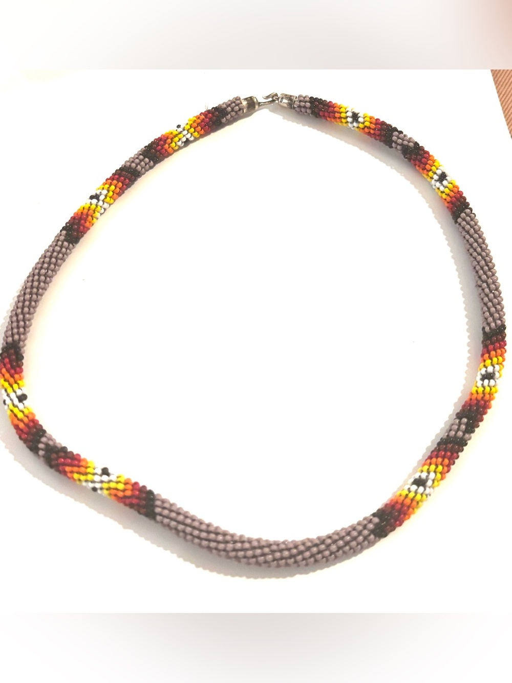 Handcrafted unisex Seed Bead Necklace in Gray, Yellow & Red